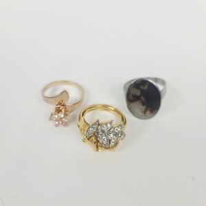 Vtg Lot of 3 Rings~Gold Tone Rhinestone~Silver Tone Agat~Adjustable